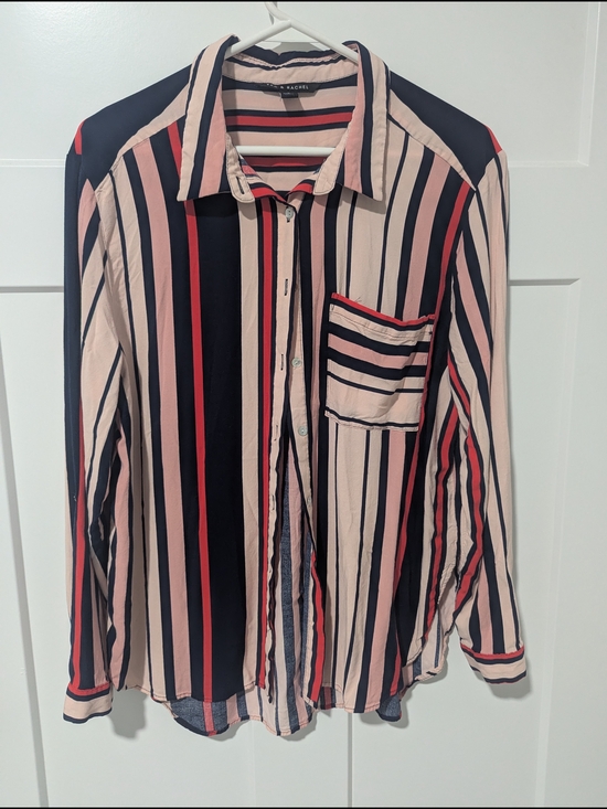 Zac & Rachel Tops - Zac & Rachel Vertical Stripe Button-Down Shirt in Pink, Navy & Red